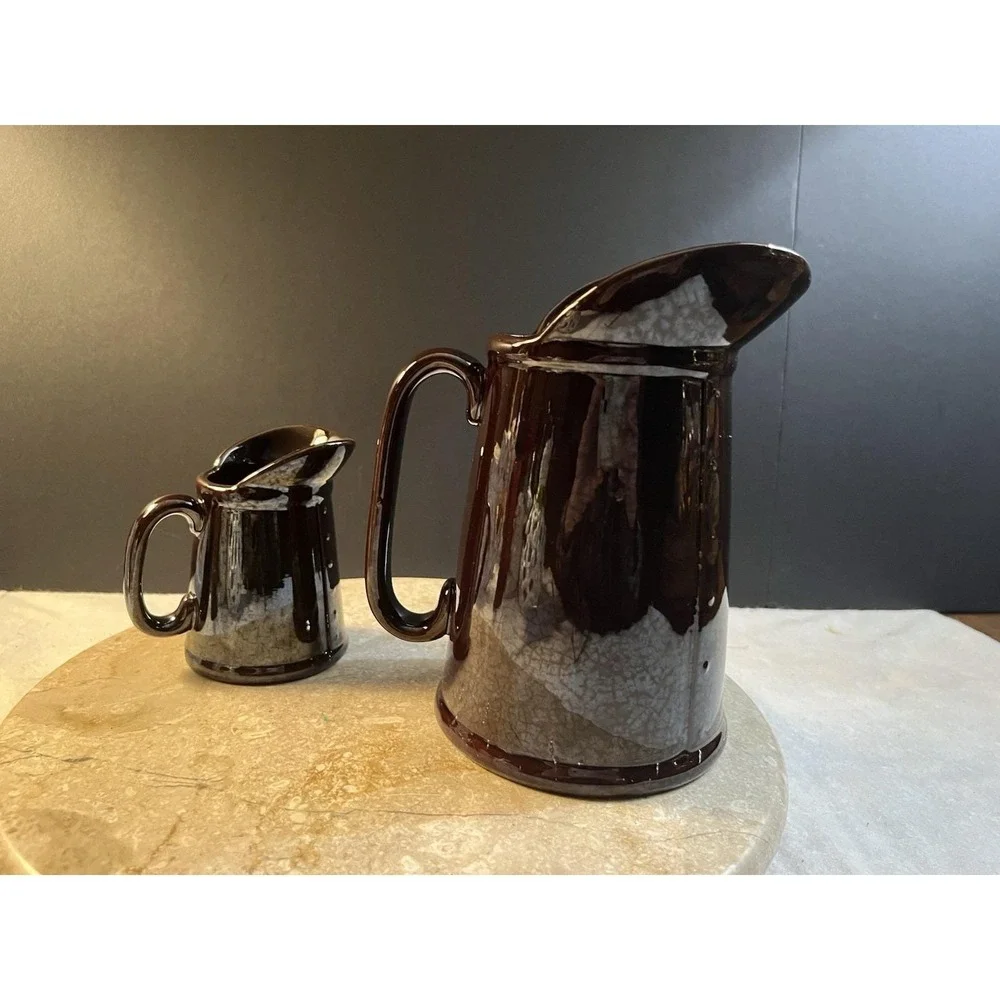 Vintage 50's Redware Pancake 7 Batter and 5.5 Syrup Rooster Pitchers Set of 2